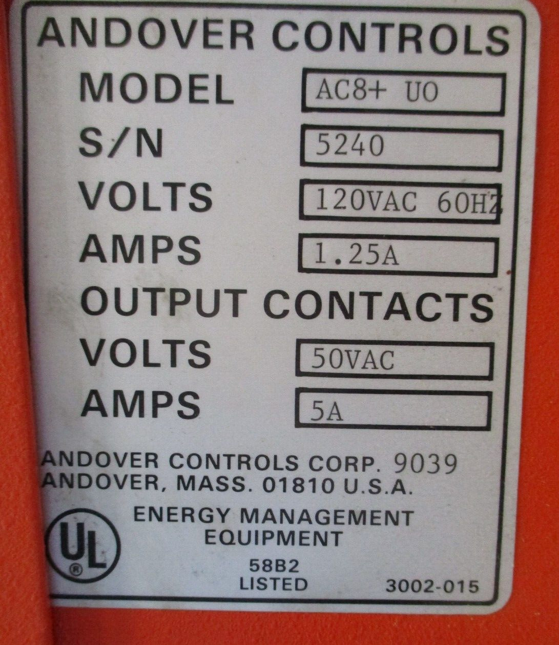 AC8+UO Andover Controls AC8 Plus 120VAC 60Hz 5 Amps A7942WVS