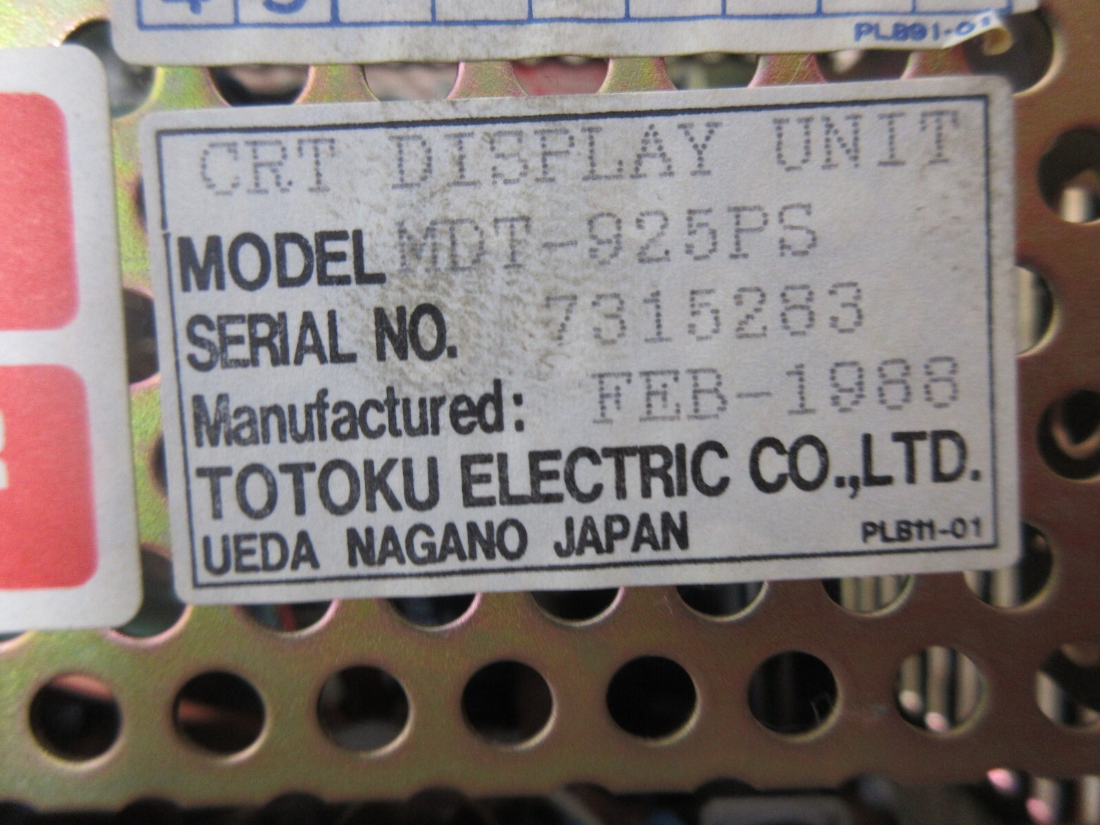 TOTOKU DISPLAY MONITOR CRT DISPLAY UNIT MDT-925PS FEB-1988 PLB11-01 WARRANTY