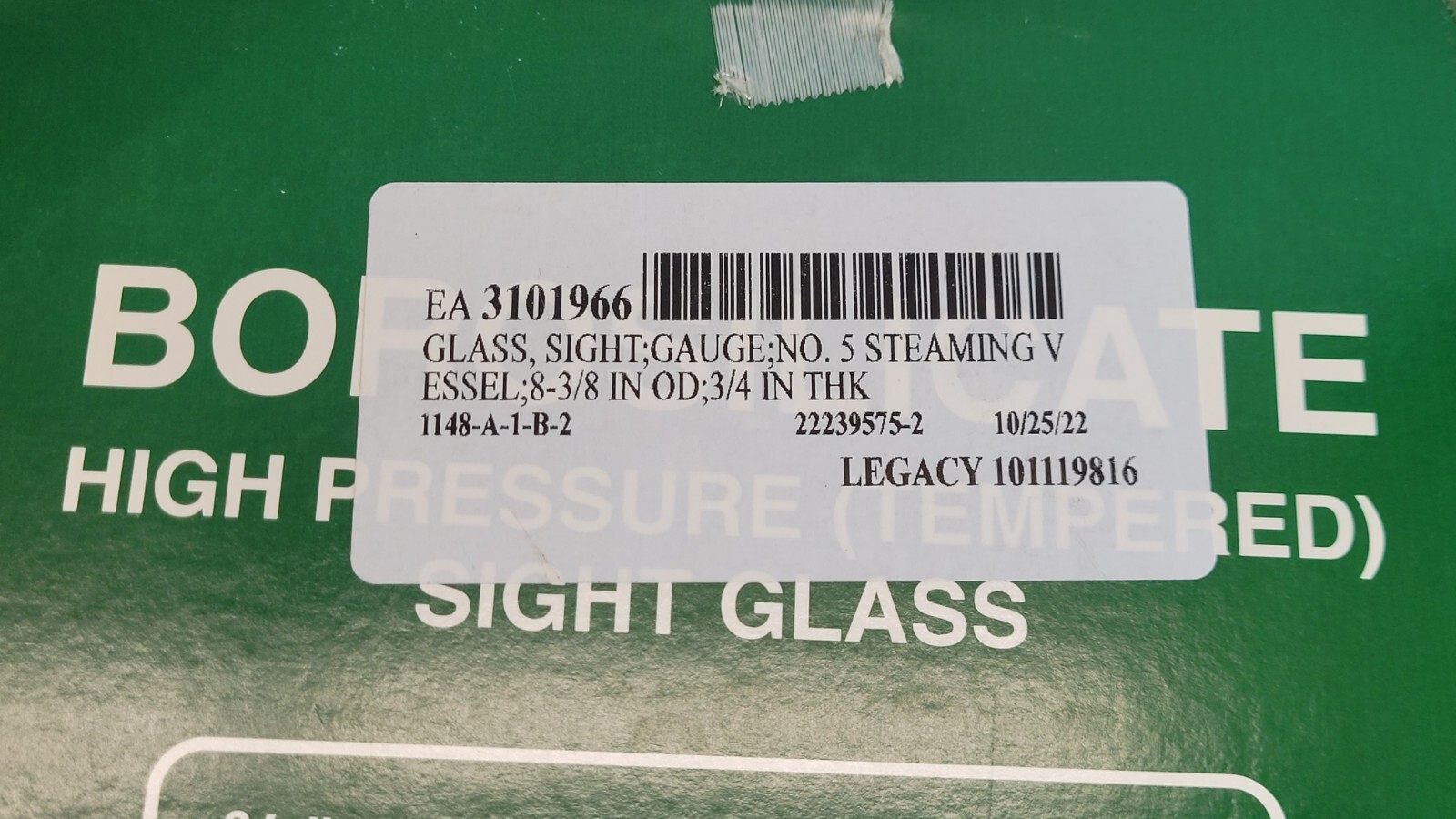 Borosilicate High Pressure Tempered Sight Glass 3/4″ x 8-3/8″ 500F 90PSI