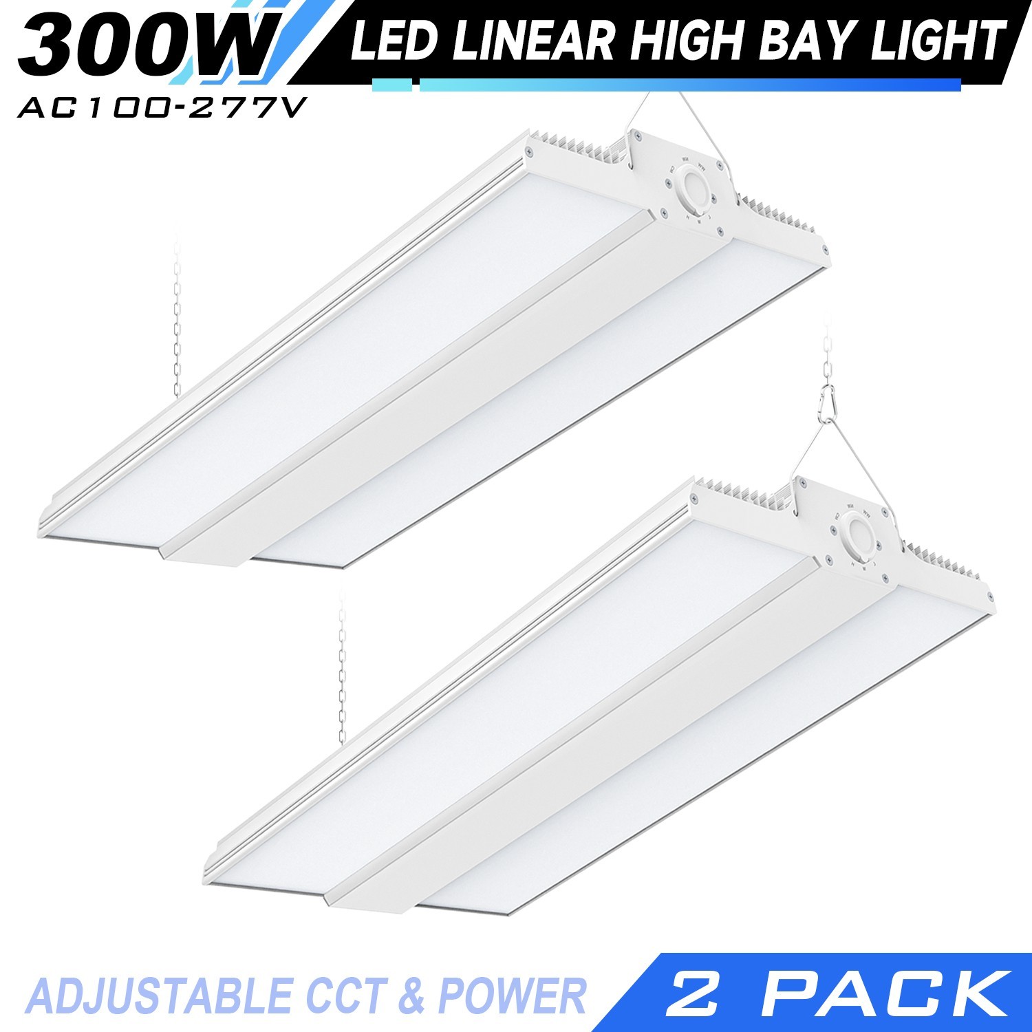 2-PACK 300W LED Linear High Bay Light Warehouse Workshop Commercial Hanging Lamp