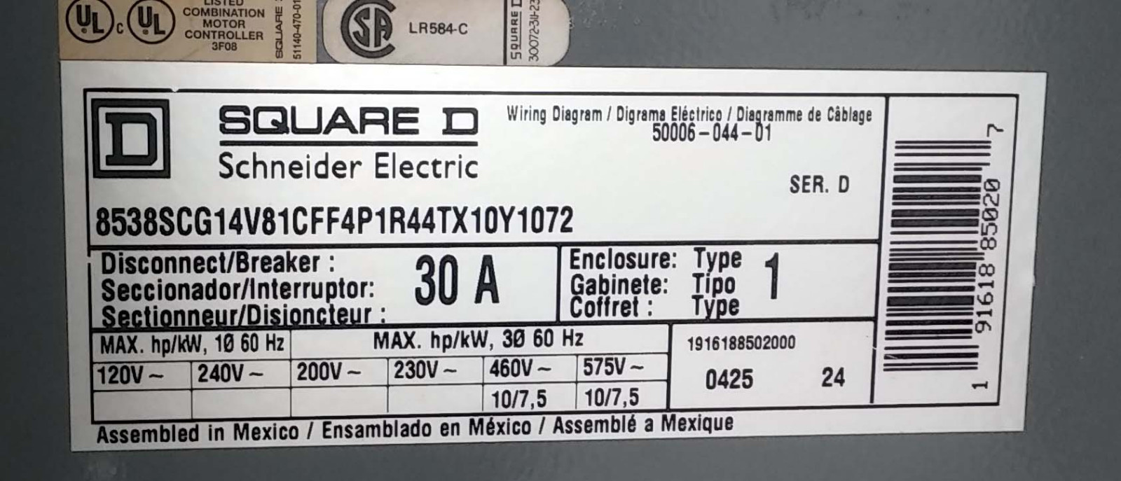1 USED SQUARE D 8538SCG14V81CFF4P1R44TX10Y1072 COMBO MOTOR STARTER *MAKE OFFER*