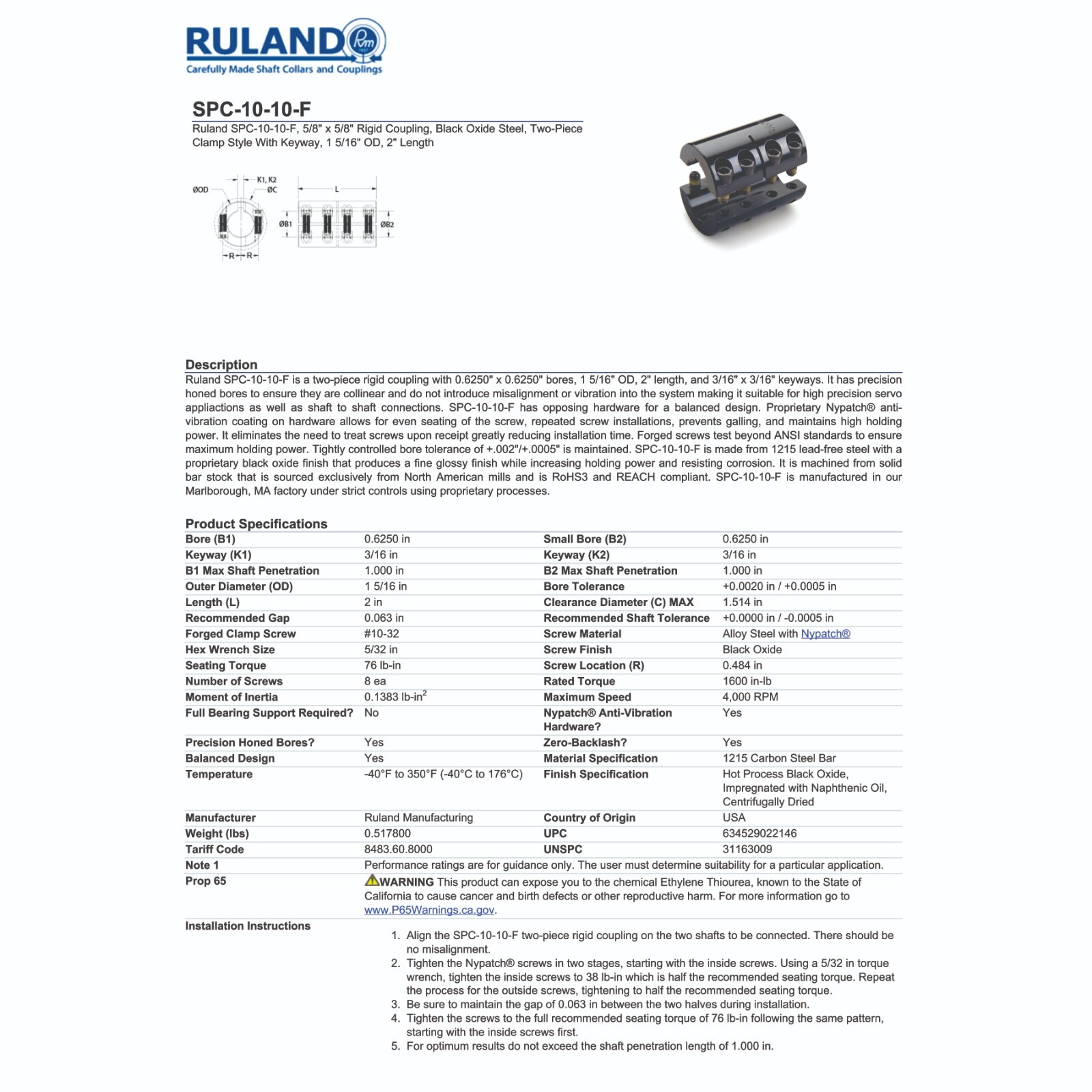Ruland Two-Piece Rigid Coupling with Keyway Steel Bore 5/8″ x 5/8″ SPC-10-10-F