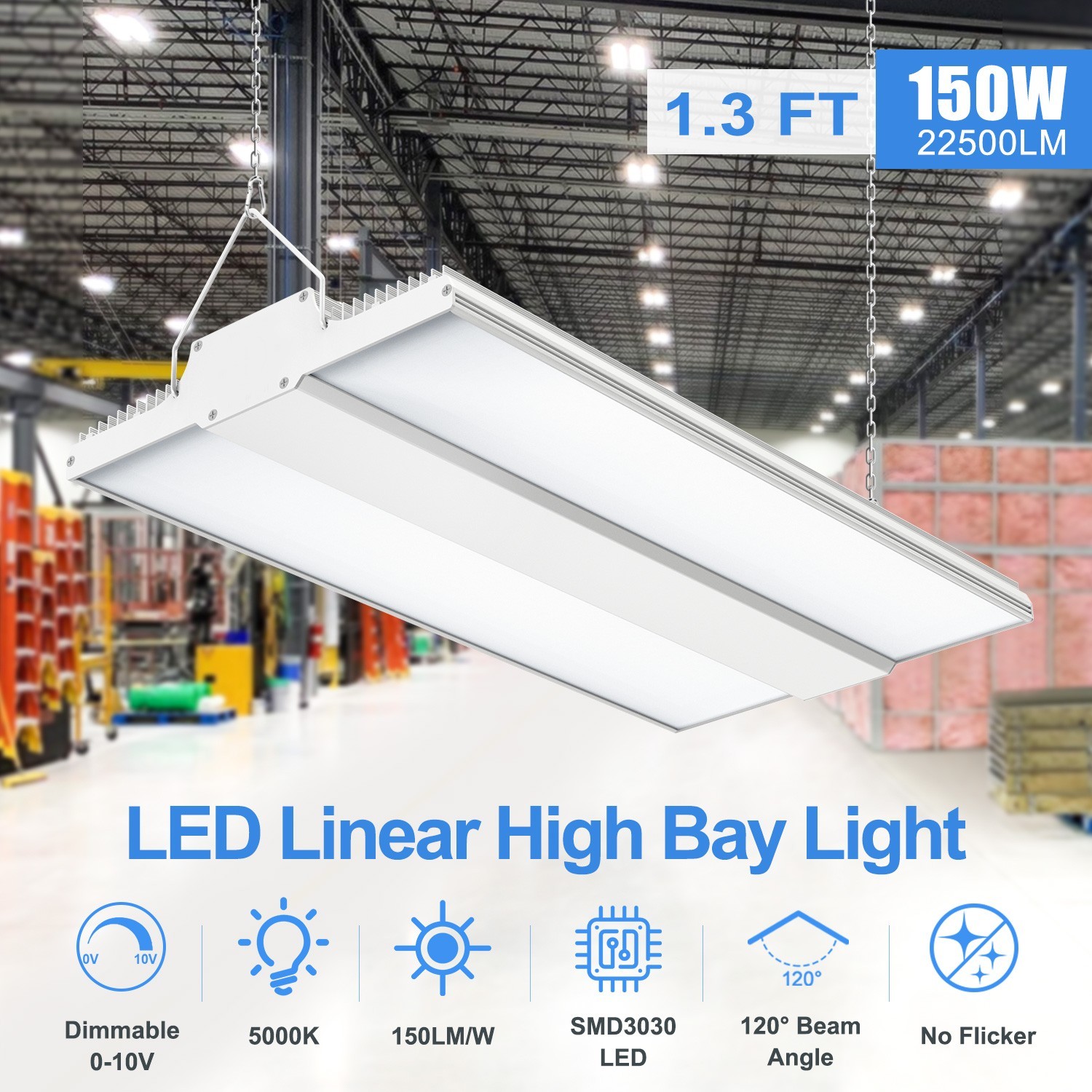 150W LED Linear High Bay Light 22,500LM Commercial Warehouse Shop Lighting 5000K