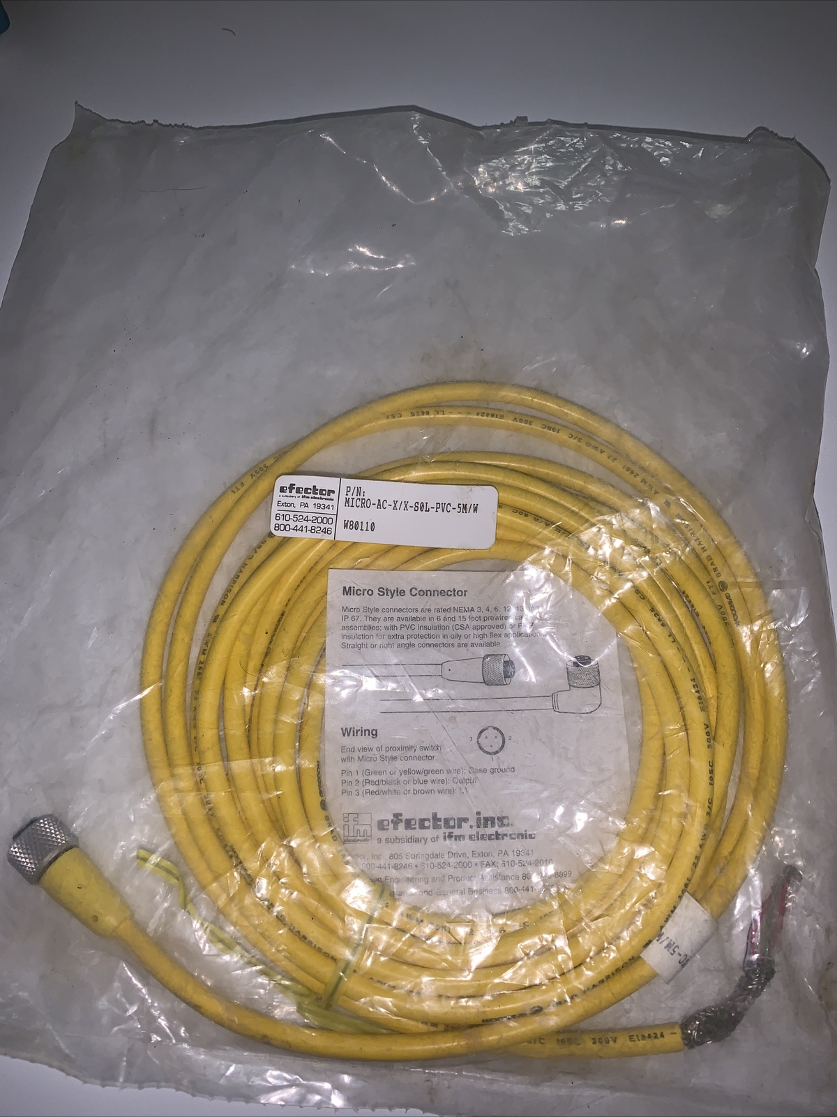 IFM Efector Molded Cordset W80110 3 wire Micro Style -AC-X/X-SOL-PVC-5M/W