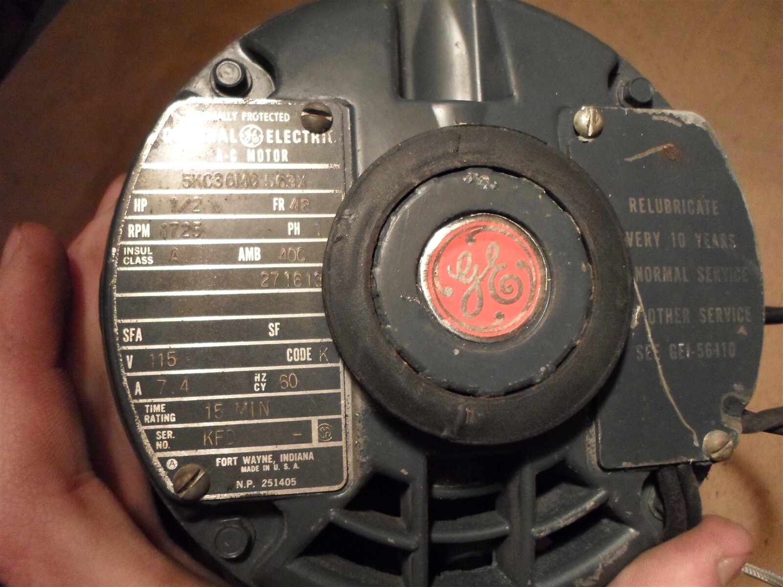 GE 5KC36MG 563X Motor 1/2 HP, 48 FR, 1725 RPM, 1 Phase, 115 V, 7.4 Amp, 60 HZ