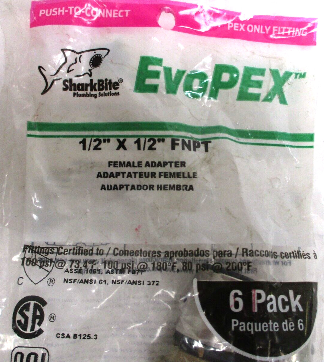 SHARKBITE , EVOPEX , K072A6, 1/2″ X 1/2″ FNPT ADAPTER , LOT OF 12 , SURPLUS