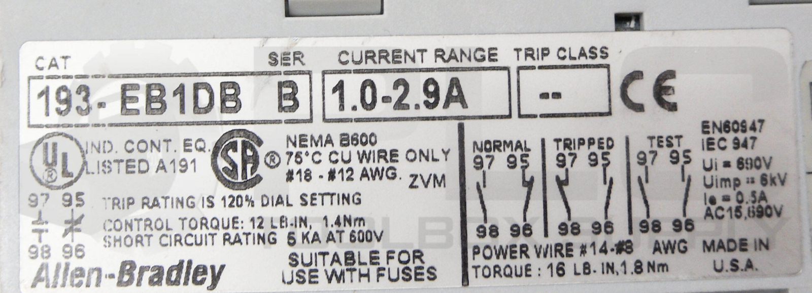 ALLEN BRADLEY 100-C09*10 /A CONTACTOR 600VAC 25A W/ 193-EB1DB /B OVERLOAD RELAY