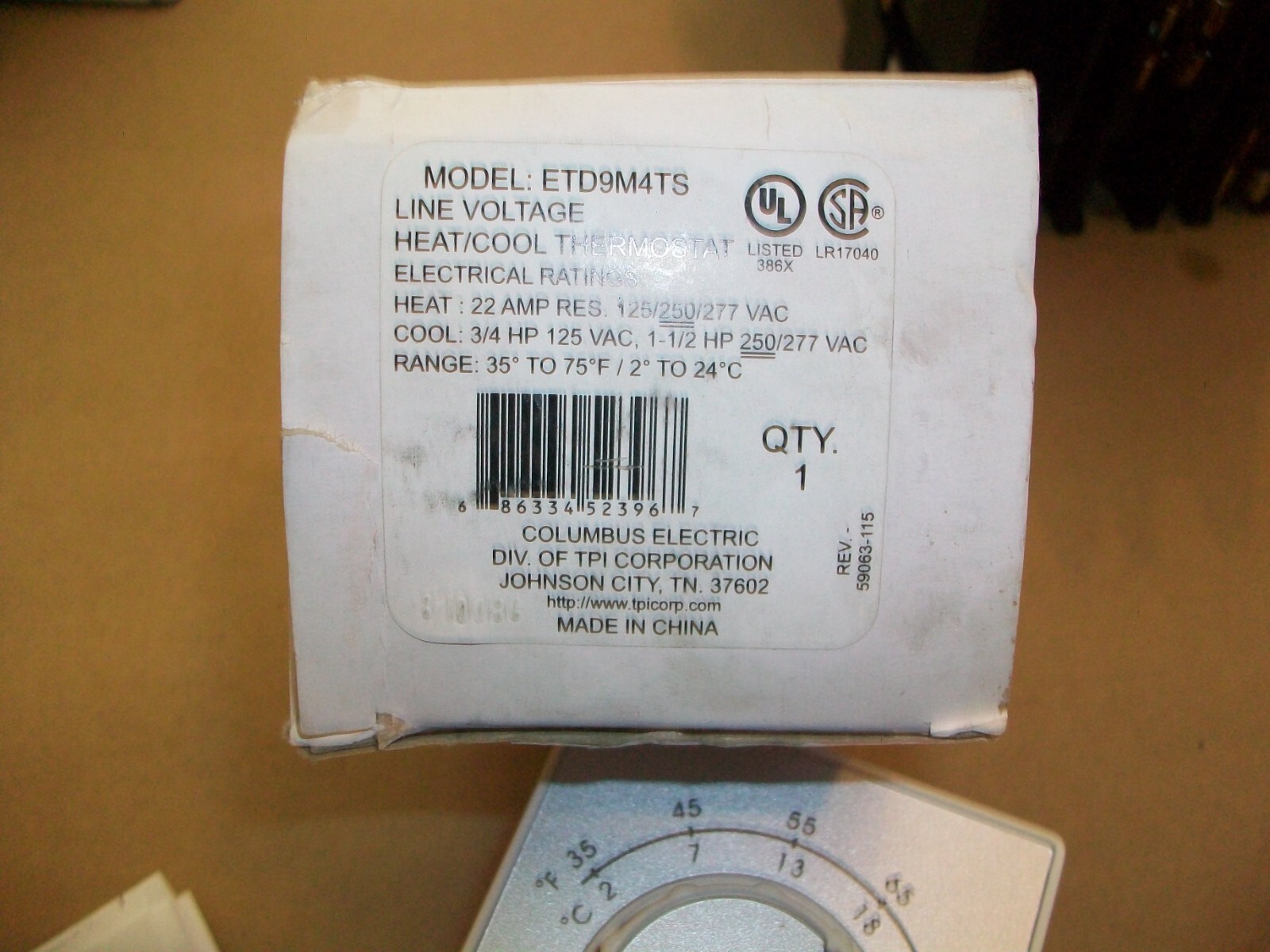 TPI / COLUMBUS ELECTRIC THERMOSTAT ETD9M4TS 35-75 degree 22amp NEW IN BOX