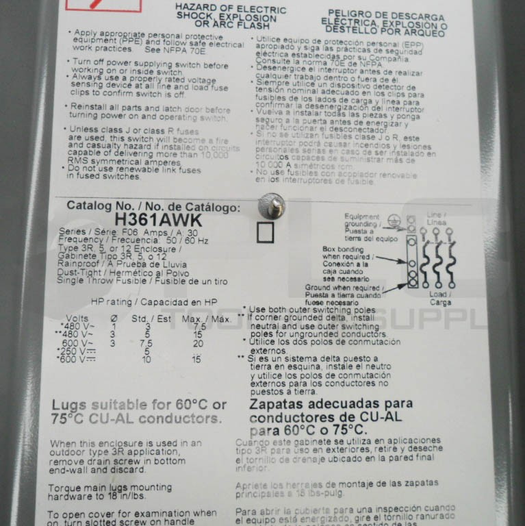 NEW SQUARE D H361AWK /F06 HEAVY DUTY SAFETY SWITCH 30A 600V 50/60HZ 48199 *READ*