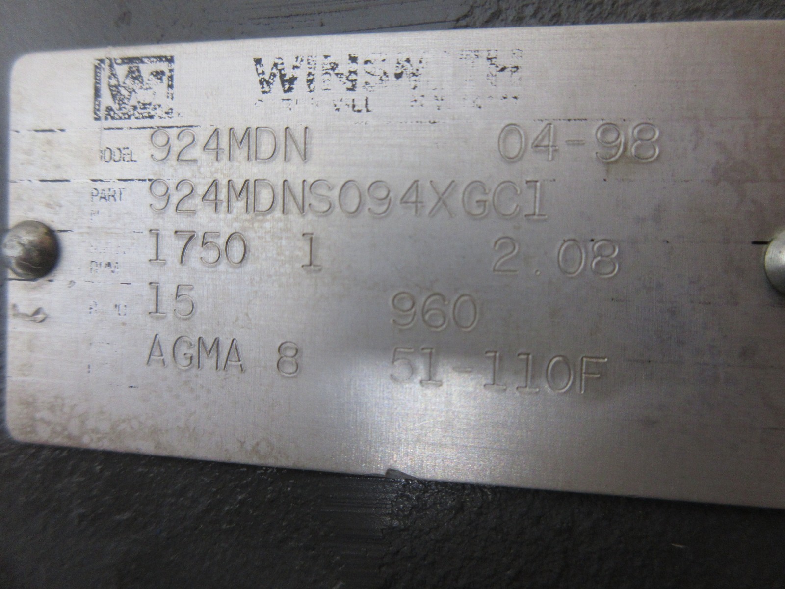 1998 HARDINGE COBRA LC-65 WINSMITH 924MDN 924MDNS094XGCI GEAR BOX SPEED REDUCER