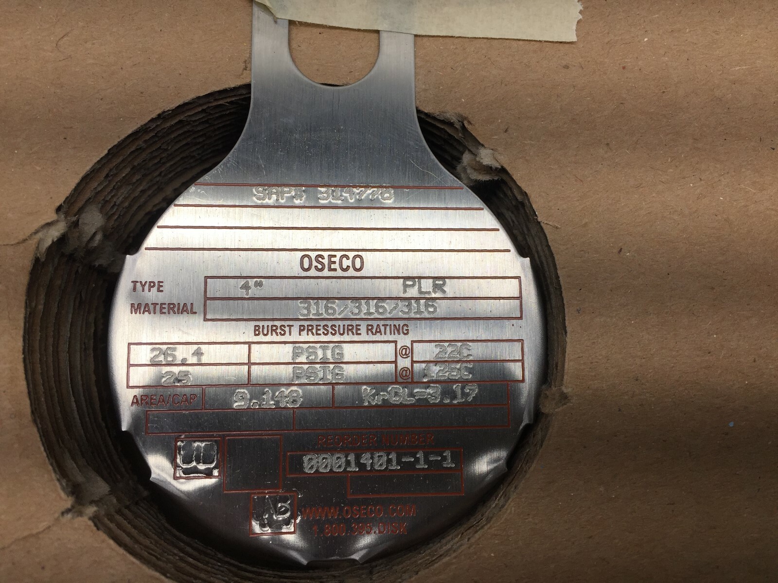 NEW IN BOX OSECO PLR 4″ 316SS 26.40PSIG RUPTURE DISK 314778 / 1401-1-1