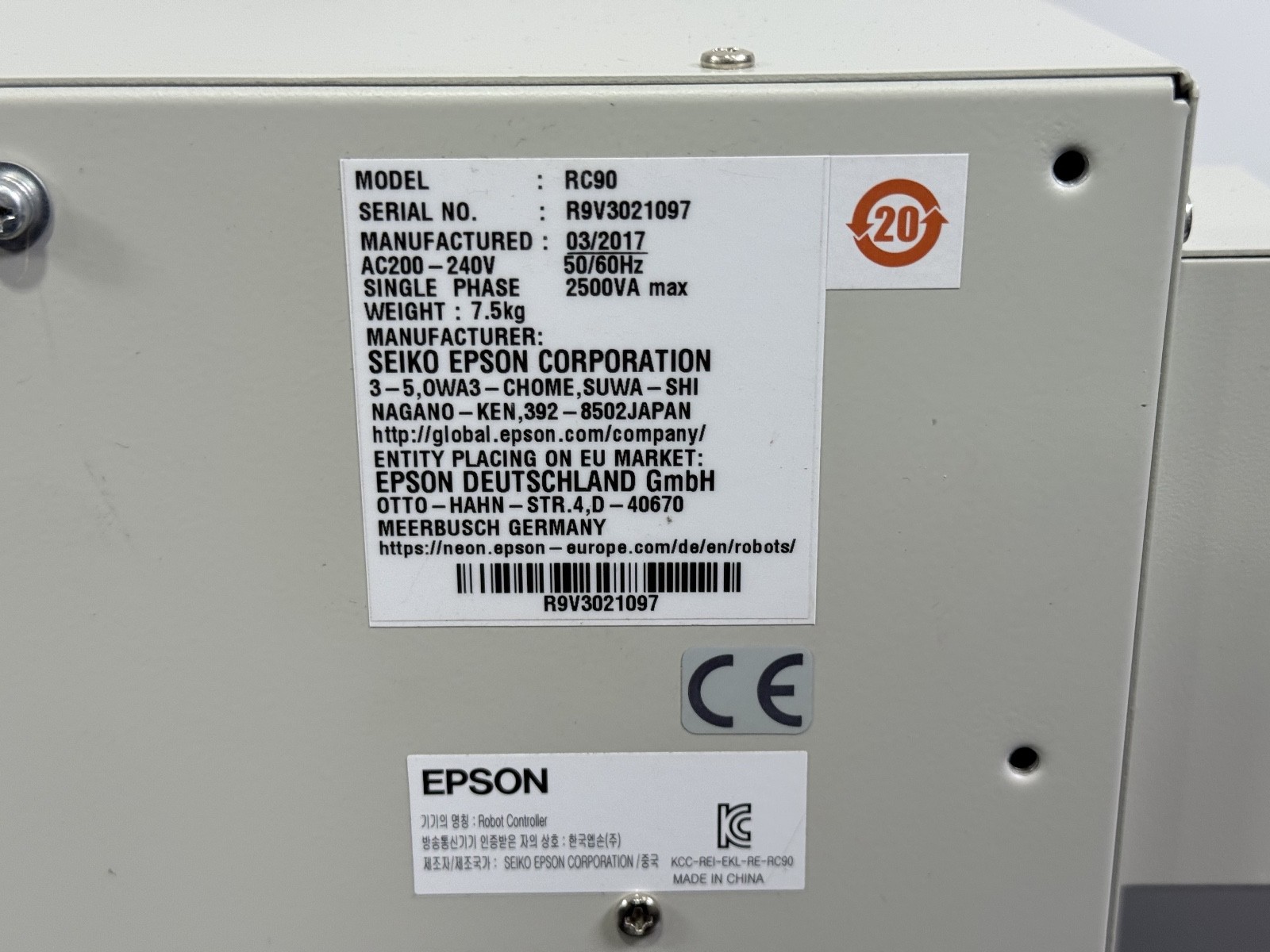 Seiko Epson LS3-401S 4-Axis SCARA Robot w/ RC90 Controller 200–240VAC
