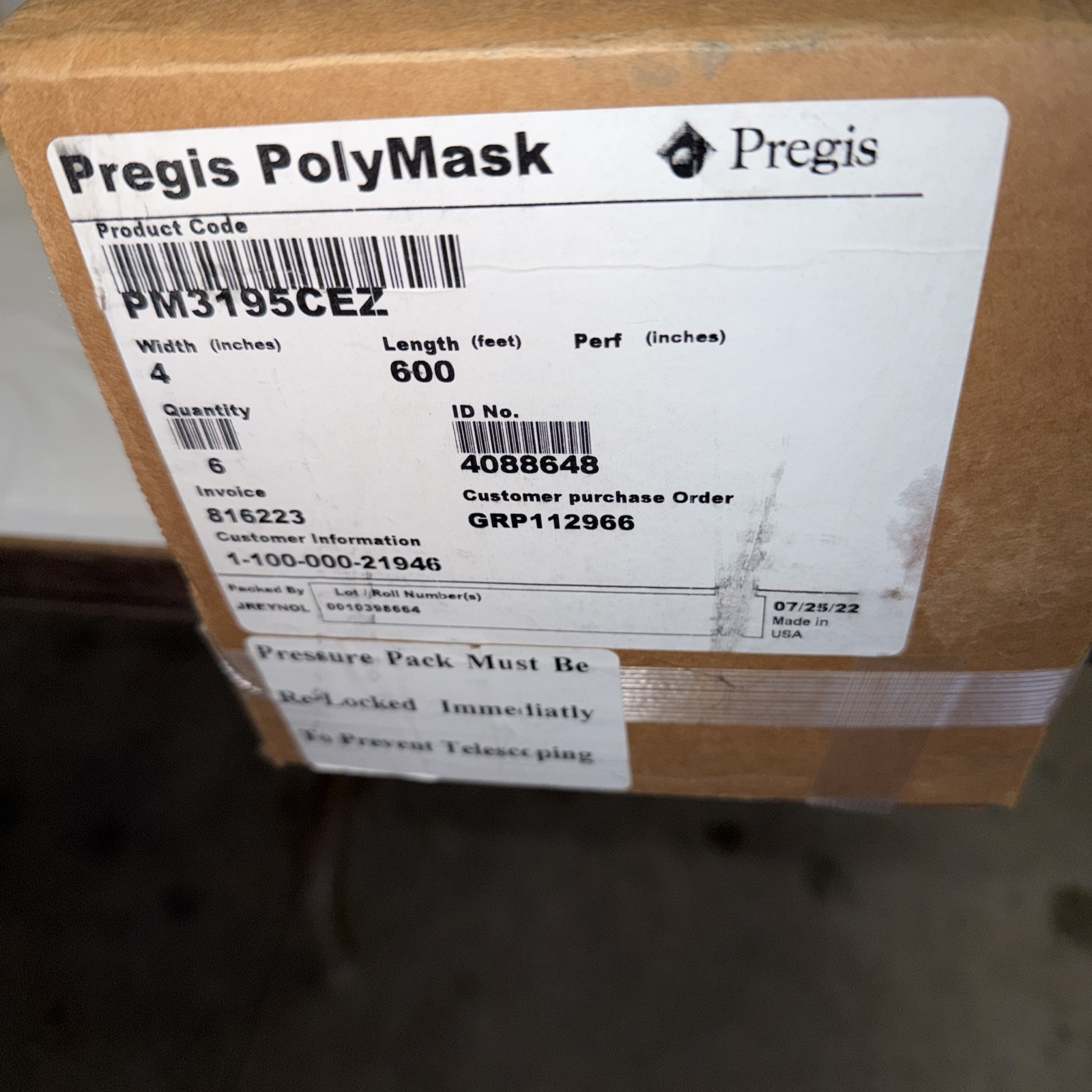 Pregis Polymask Protective Film 6 ROLLS PM3195CEZ, 4 Inches Wide, 600 Feet /roll