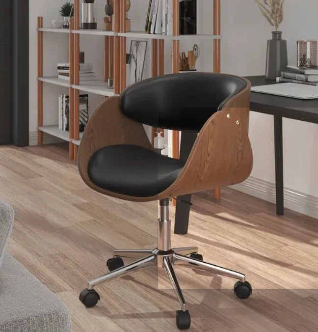 Mid-century Modern Office Chair Adjustable Black Upholstered Swivel Wood Metal
