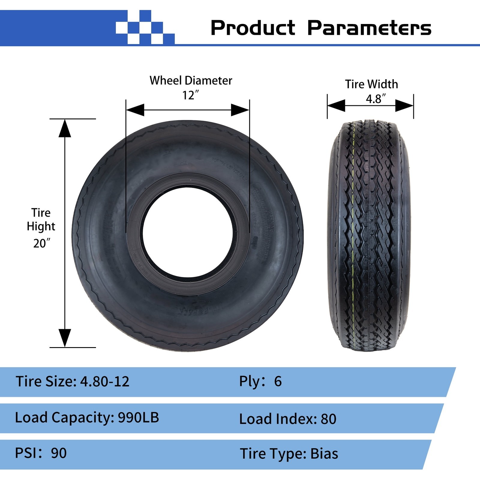 SU02 4.80-12 6PR 990LB@90PSI TL Trailer Tire