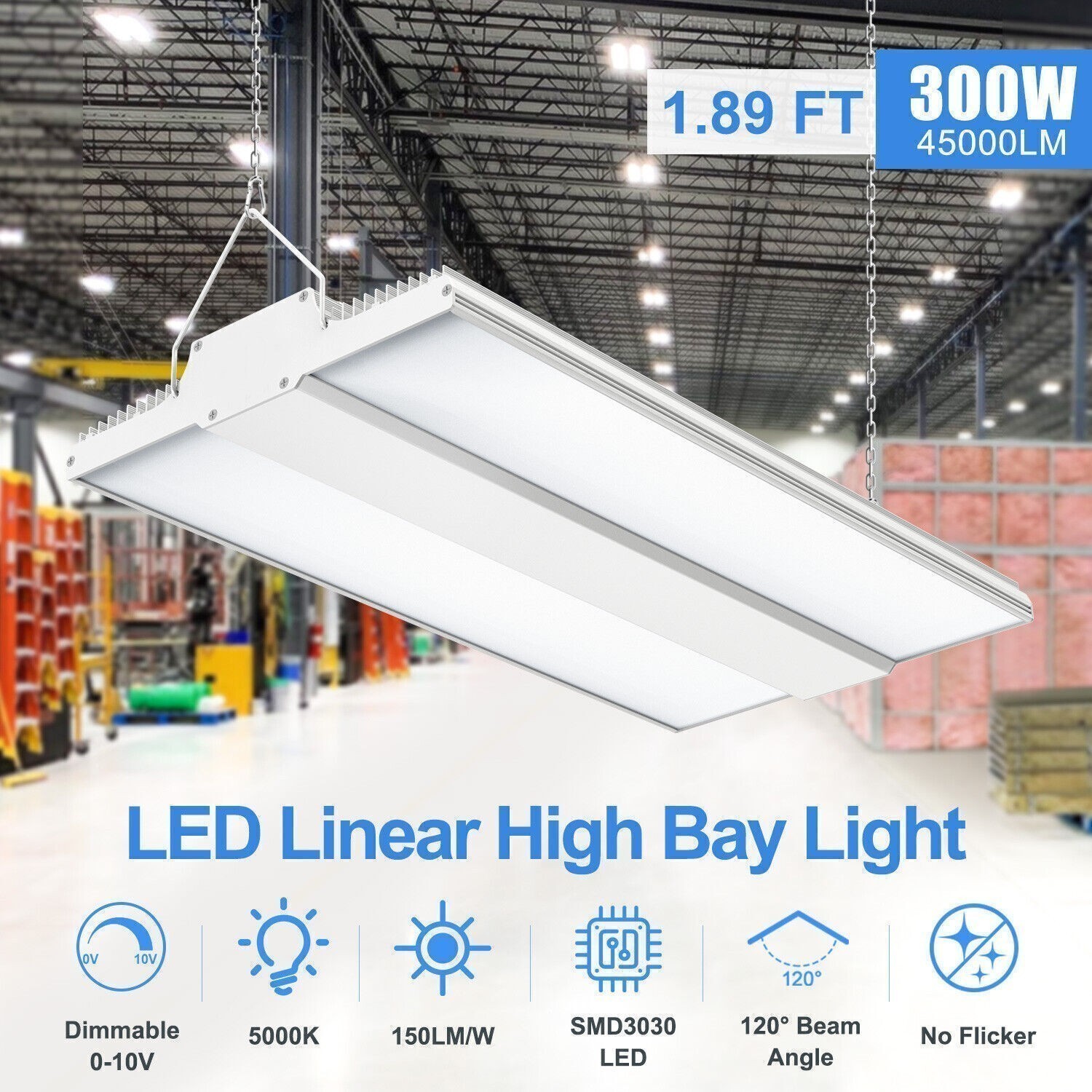 300W Linear LED High Bay Light 45,000 Lumens Warehouse Garage Shop Fixture 5000K