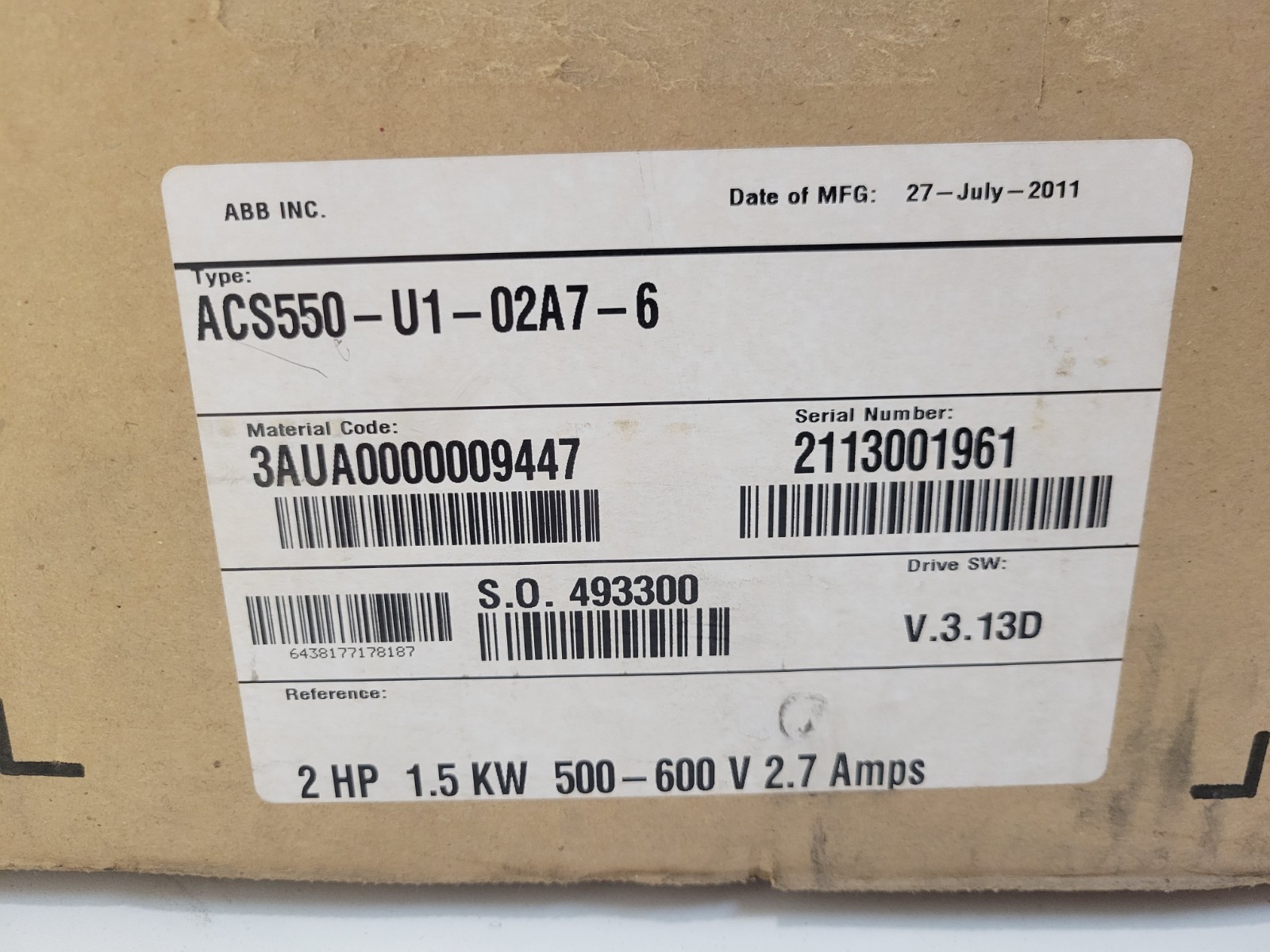 NEW OLD STOCK! ABB 2HP 1.5KW 2.7A 500-600V DRIVE ACS550-U1-02A7-6