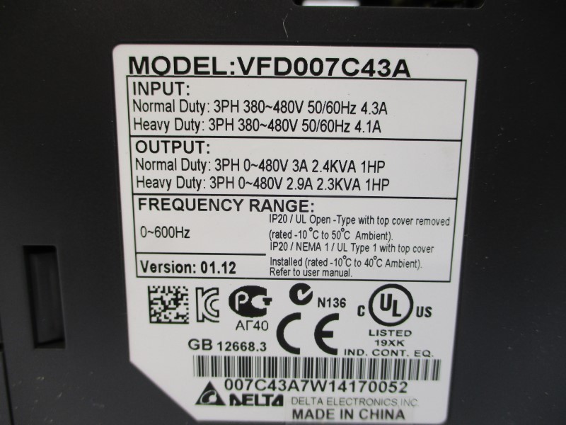 DELTA ELECTRONICS VFD007C43A 380-480V 4.3A NSMP