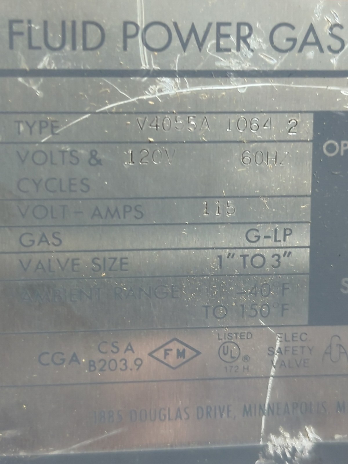 HONEYWELL,V4055 A 1064 2,FLUID GAS VALVE 120V 60HZ PRE-OWNED