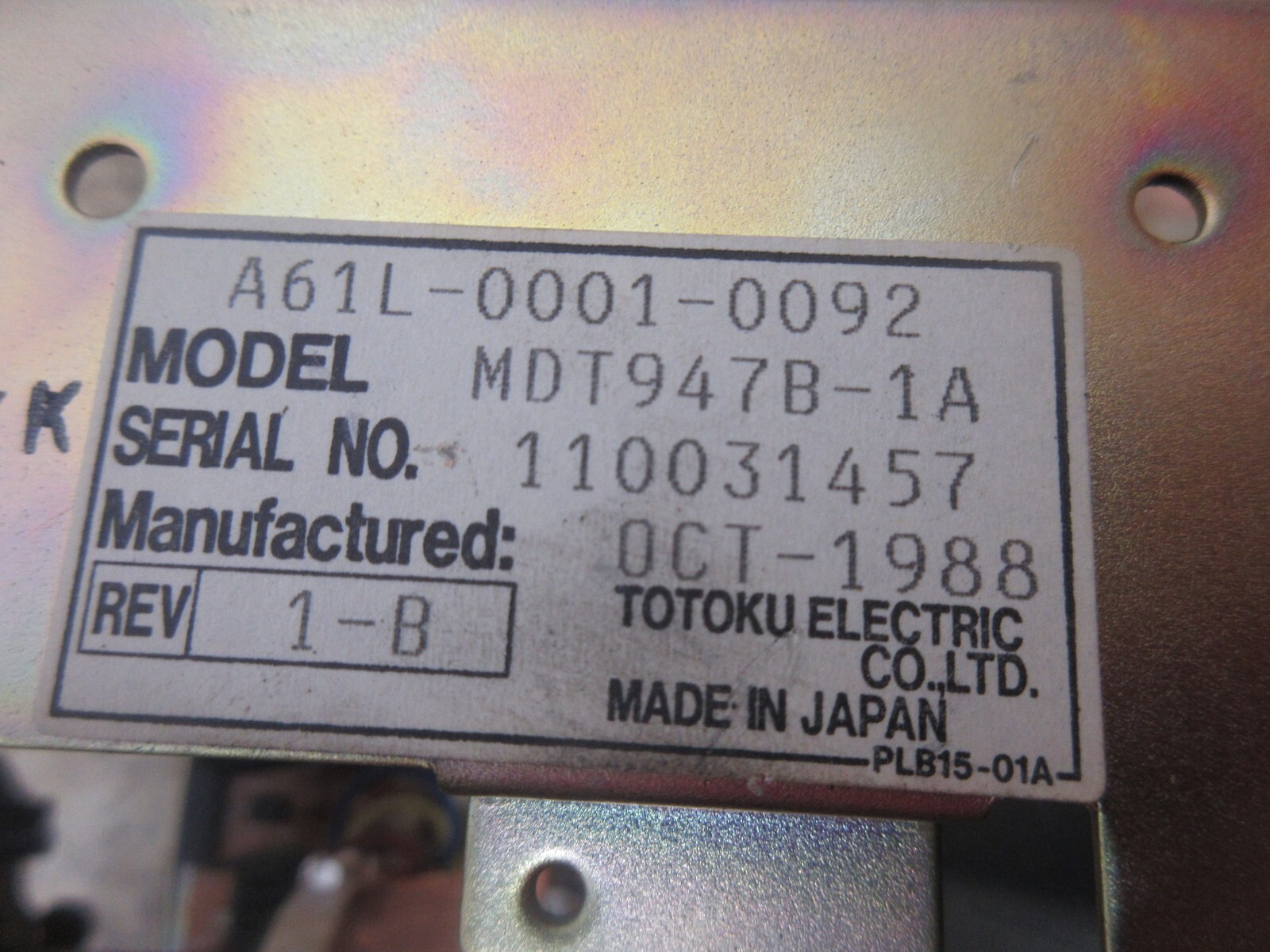 TOTOKU DISPLAY MONITOR A61L-0001-0092 MDT947B-1A 110031457 OCT-1988