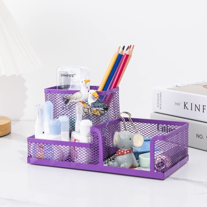 PURPLE Metal Mesh 3 Compartment Desk Organizer Pencil 3 Compartment, Purple