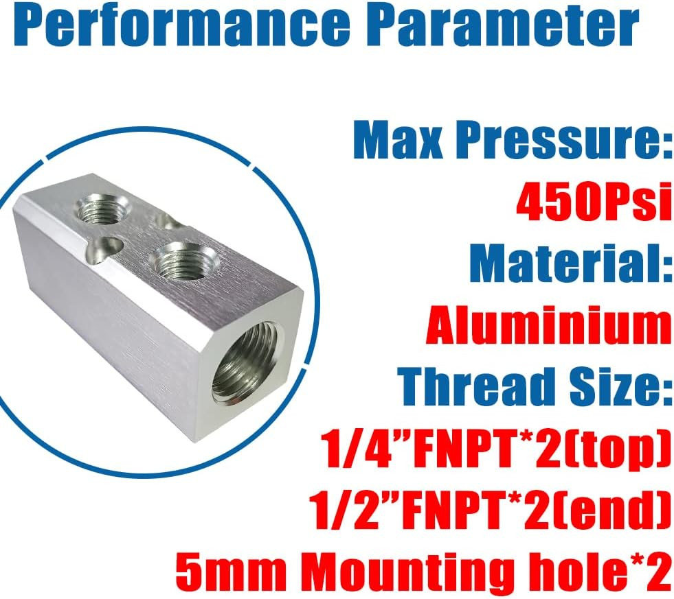 Aluminum 2 Way 4 Port Air Manifold 1/2″ NPT Supply 1/4″ NPT Outlet 1Pc