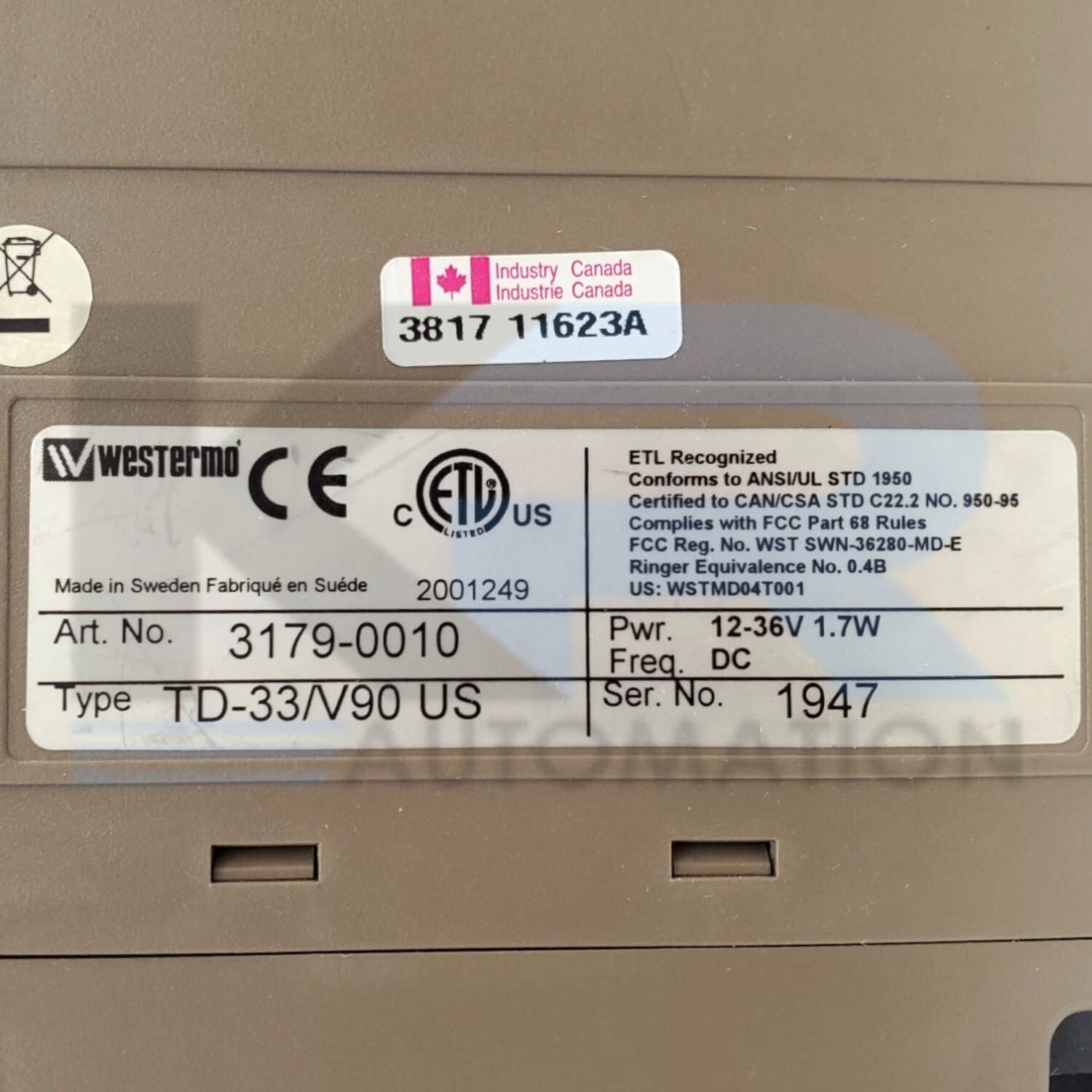 TESTED Westermo TD-33/V90 US Industrial Tele Modem 36V 1.7W RS-232 3179-0010