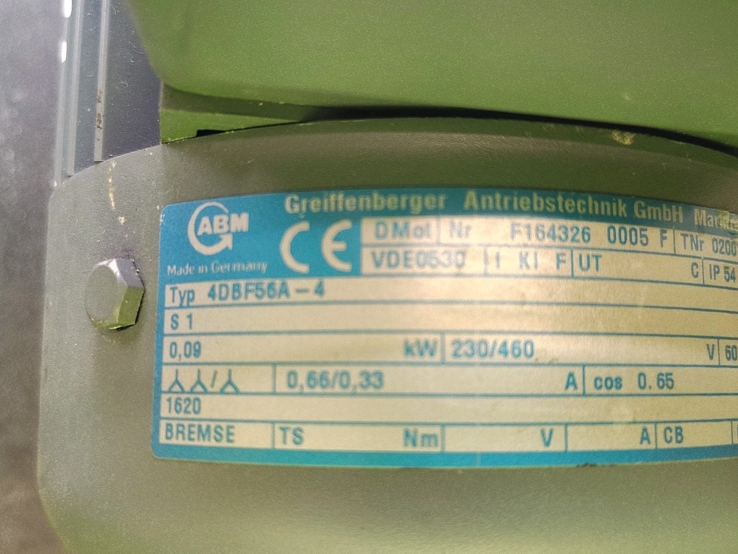 ABM Motor Typ. 4DBF56A-4 .09kW IP 54 UT C 239/460 VOLT BREMSE Brake S1 1620