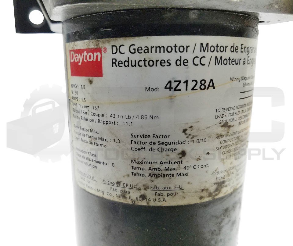 DAYTON 4Z128A DC GEARMOTOR 1/8HP RATIO 11:1 90V 167RPM