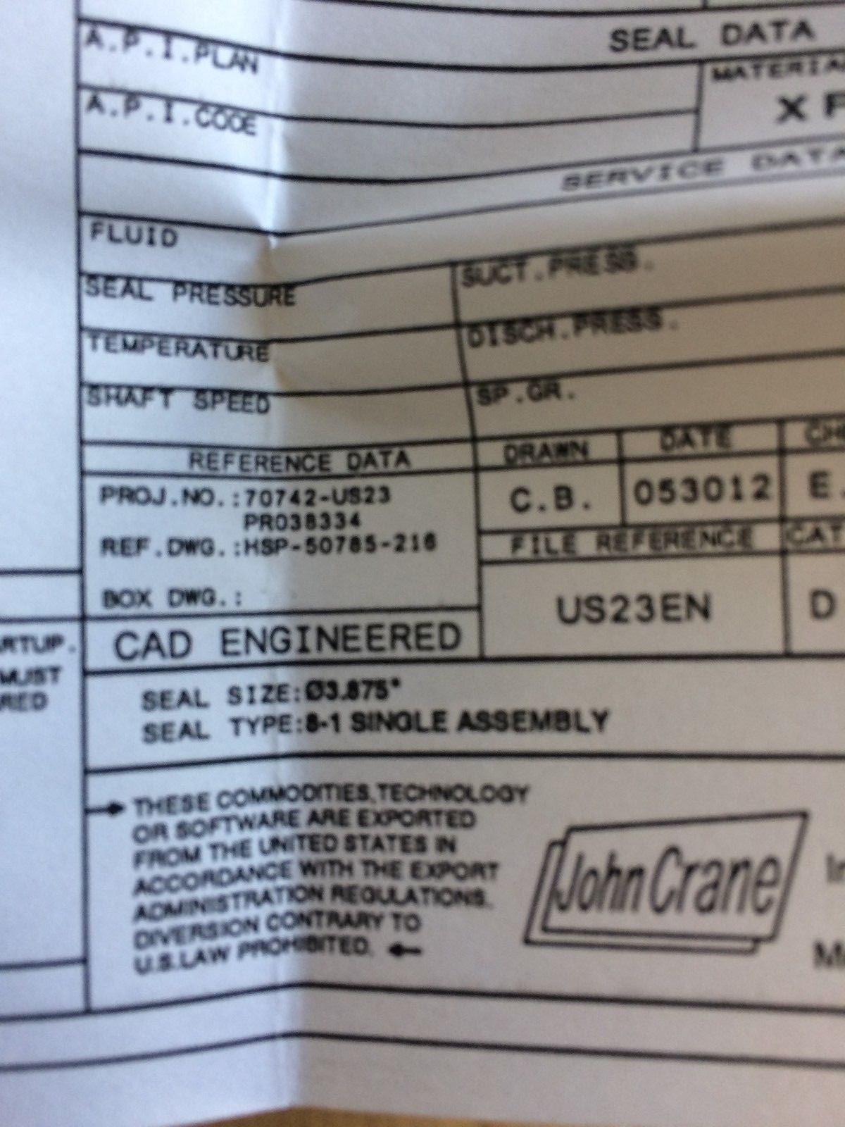 GOULDS PUMP MECHANICAL SEAL 3.875″ JOHN CRANE 8-1 SINGLE ASSEMBLY # 52240979001
