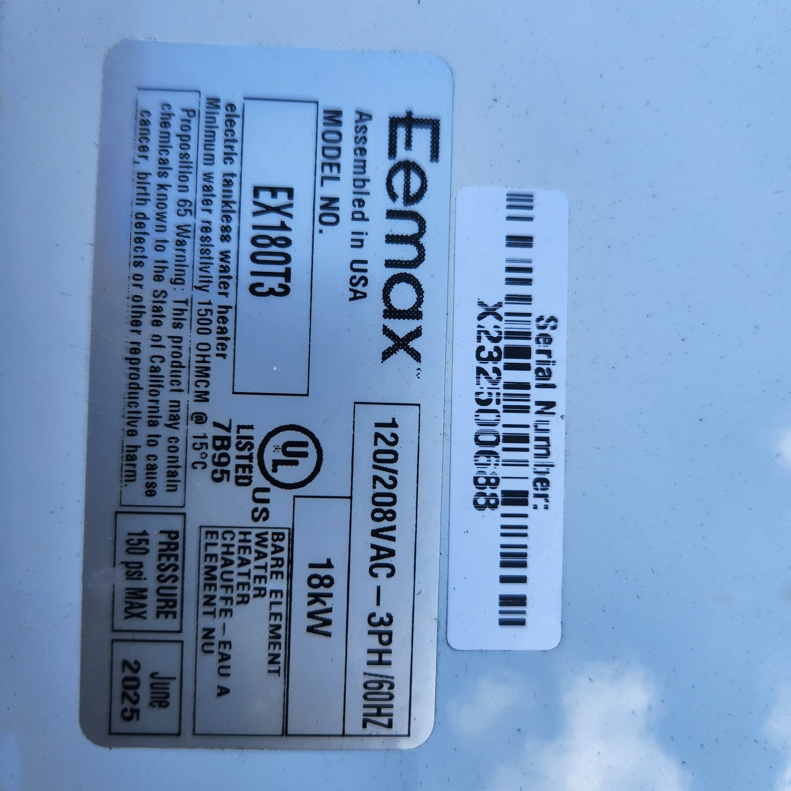 Eemax Ex180t3 Electric Tankless Water Heater, 208V, 18000W For Parts Not Working