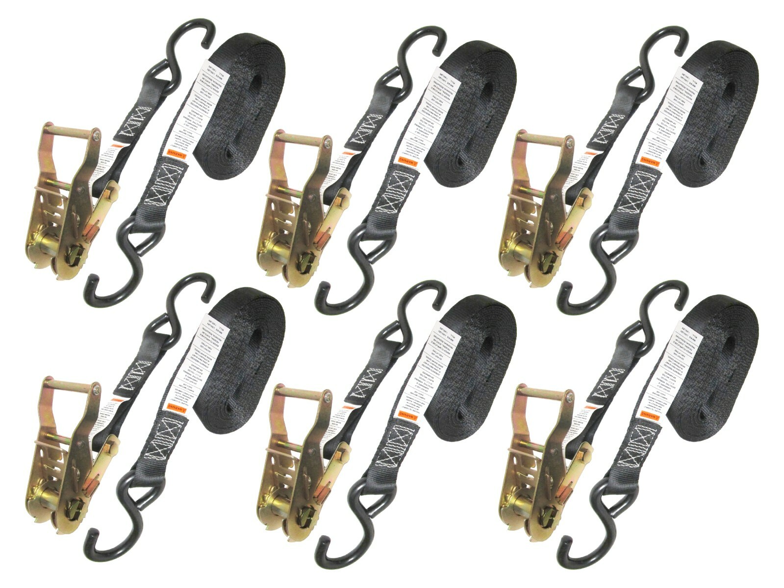 6 pc 1″ x 12′ Black Heavy Duty Ratchet Strap Tie Down w/ Vinyl S-Hook Trailer