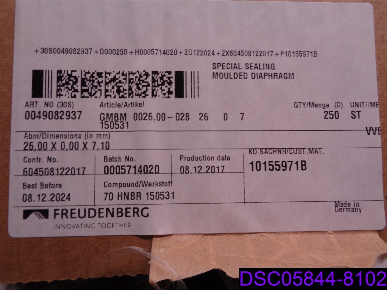 Qty = 2,000 (8 Boxes x 250): Freudenberg Special Sealing Moulded Diaphragm