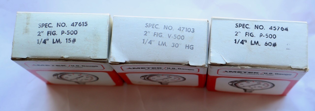 (3) Ametek U.S. Gauges / 47615 (15#) – 47103 (30’ HG) – 45764 (60#) / NOS / MTT