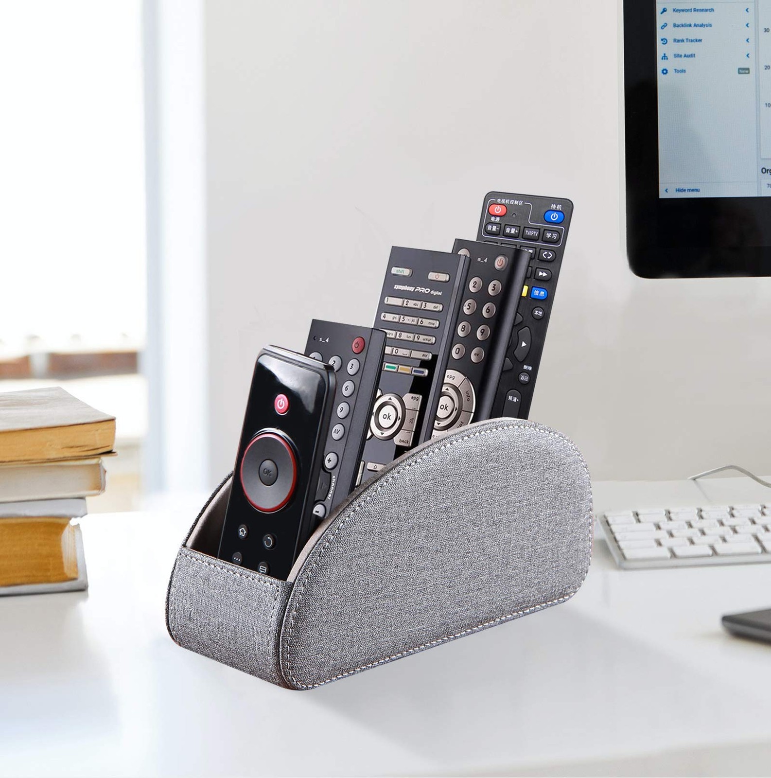 TV Remote Control Holder with 5 Compartments,Pu Leather Small, Grey