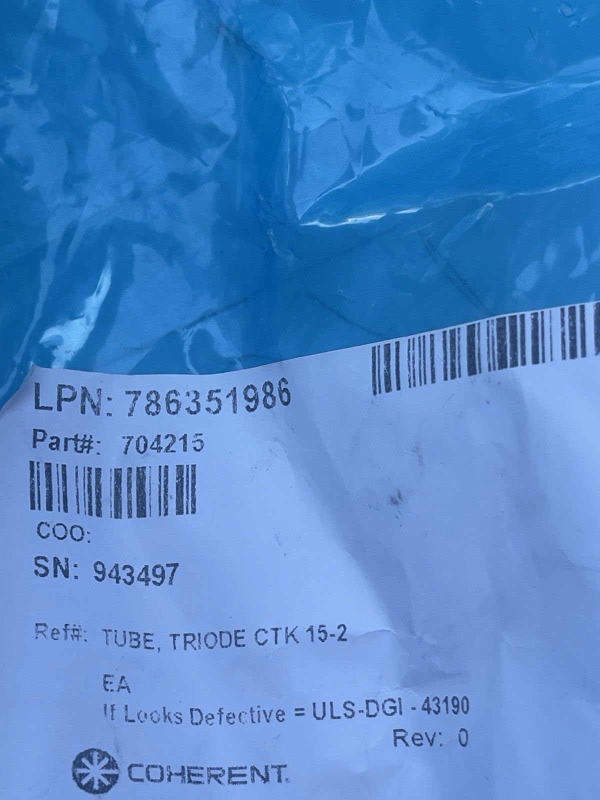 Thales CTK15-2 High Frequency Metal Ceramic Power Triode Tube