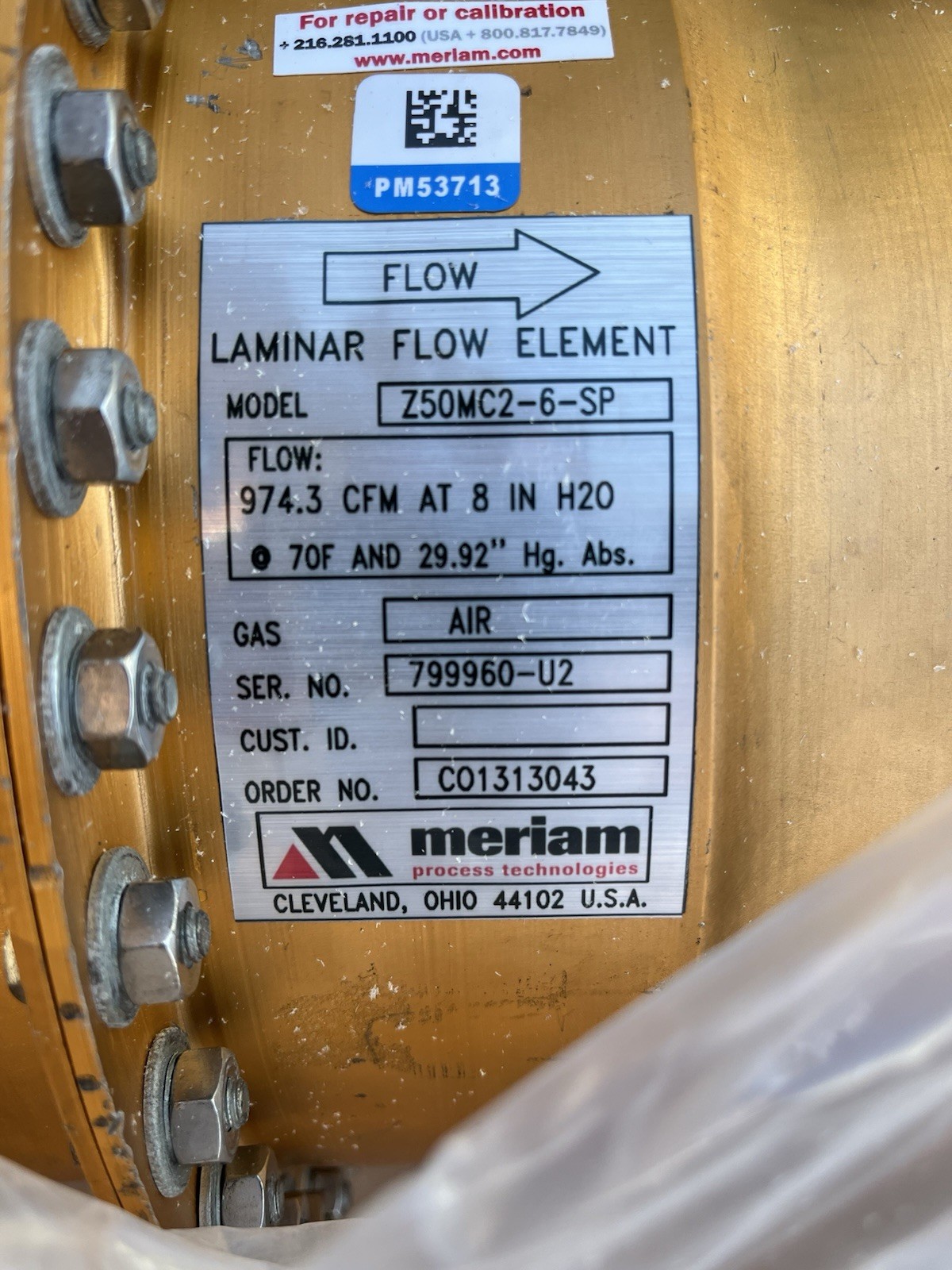 Meriam Z50MC2-6-SP Laminar Flow Element Air 974.3 CFM @ 8″ H2O LFE