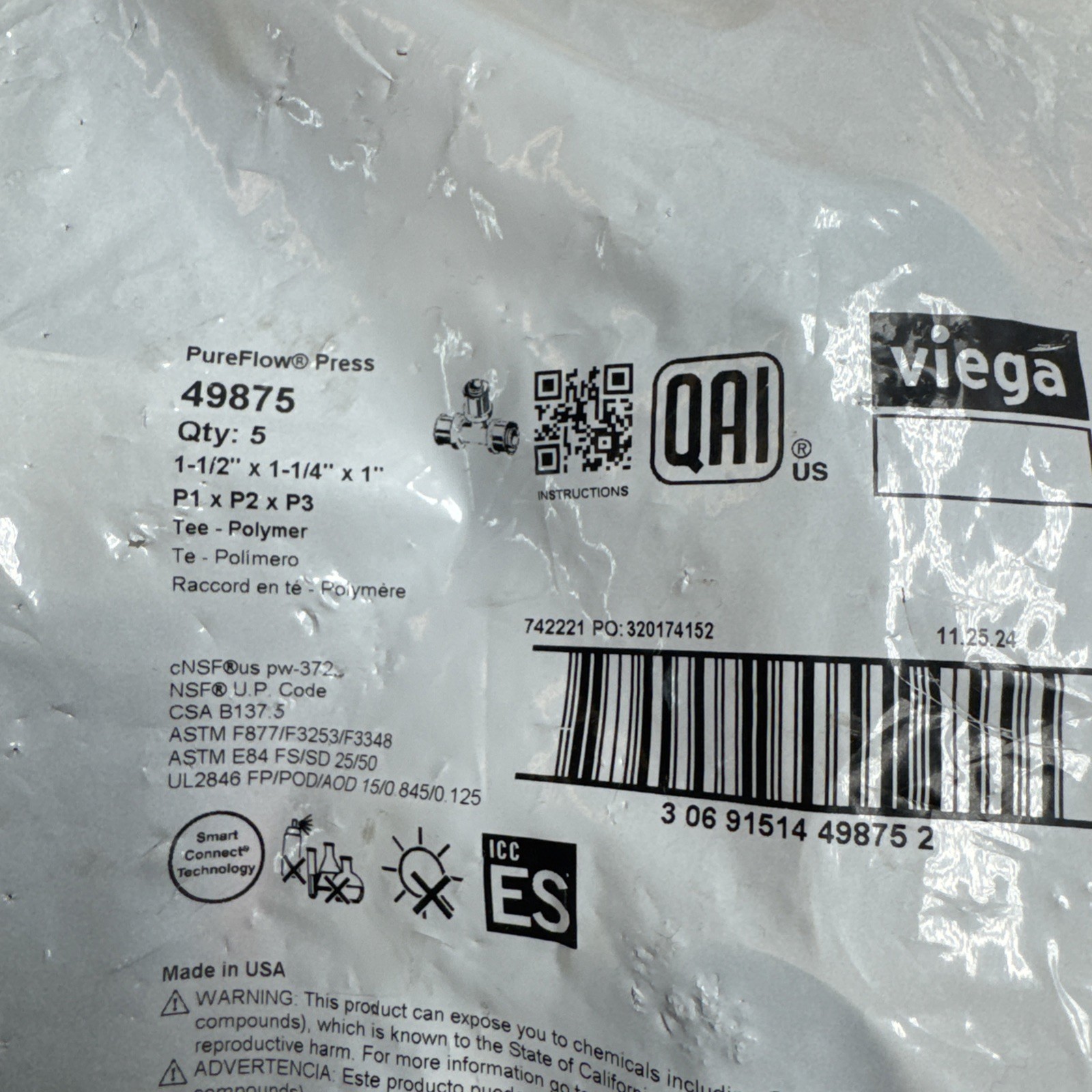 Viega 49875 PureFlow PEX Press Tee, 1-1/2 x 1-1/4 x 1, Press Qty 5 🔥