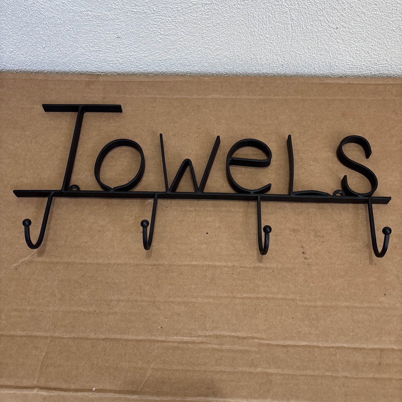 Black Metal Towel Hooks – Word Towels in Modern Lettering – 15″x12″x3″ – 4 Hooks
