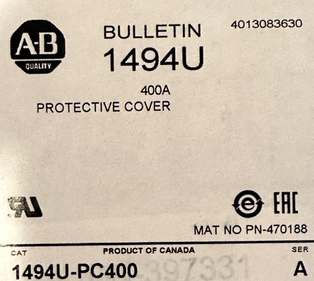 New! Allen Bradley 1494U-PC400 Ser A Protective Cover 400 Amp Switch