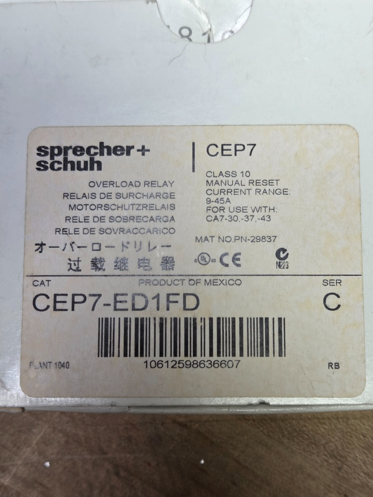 Sprecher+Schuh CEP7-ED1FD Overload Relay 9-45A 3 Phase Series C Suit CA7