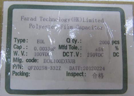 FARAD E0L100D33JB-9 Qty of 50 per Lot POLYESTER FILM CAPACITOR; .0033UF; 5%; W.