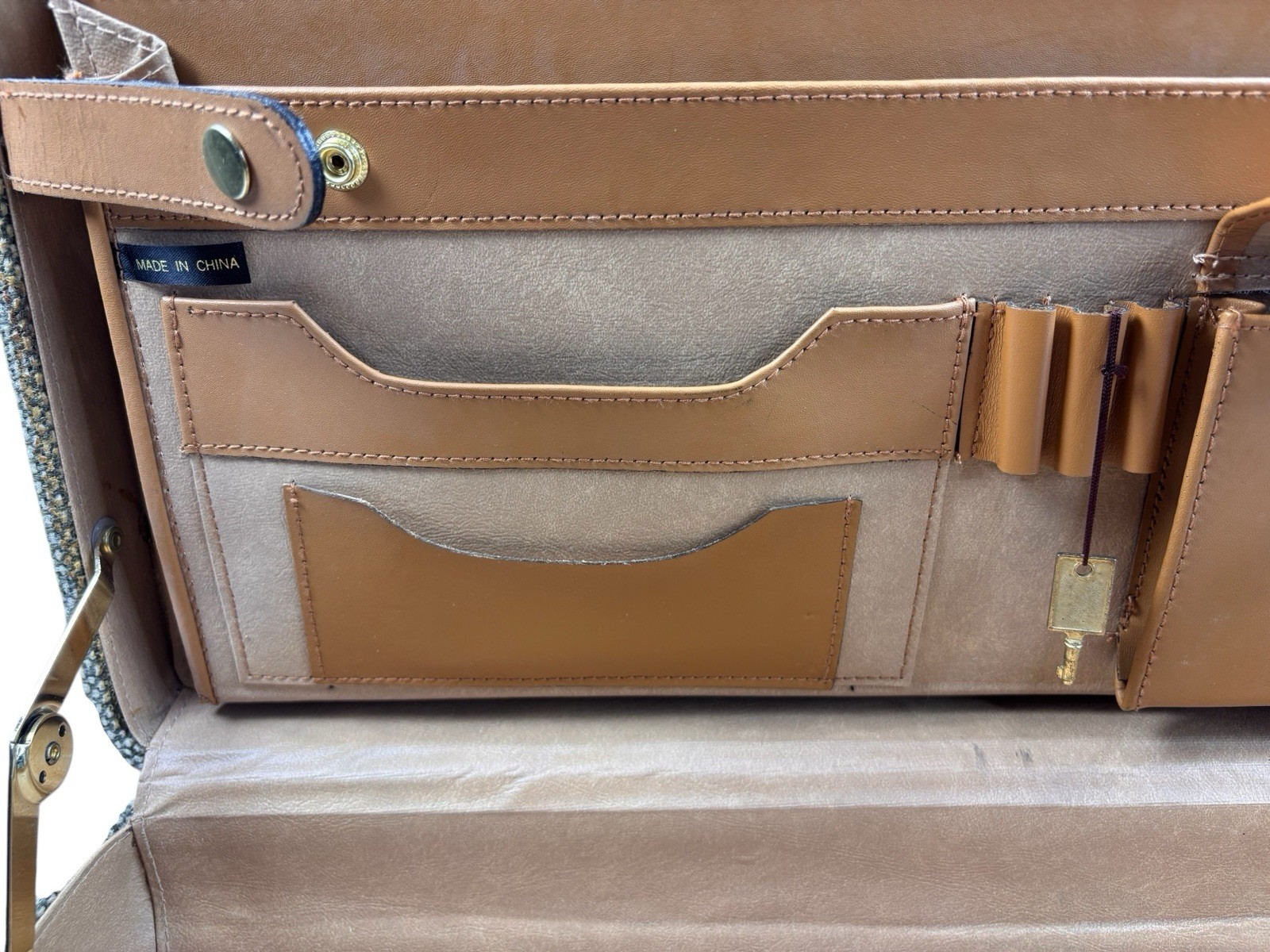 VINTAGE Jute Attaché Burlap Briefcase with Keys Leather Trim Brass Hardware