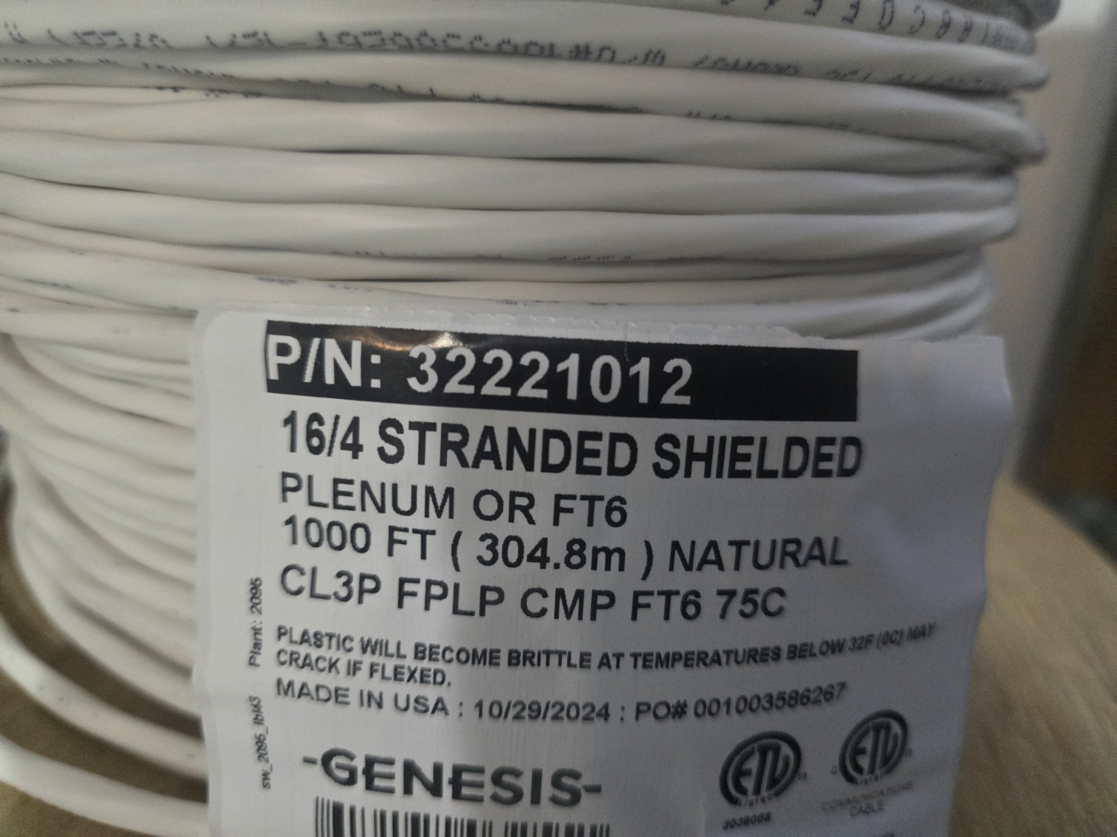 50ft 16/4 Shielded Stranded Plenum Cable 16Awg 4C CMP FT6 Genesis Wire 32221012