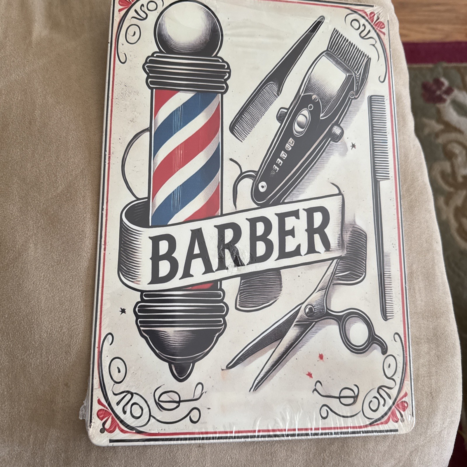 What An Adorable “Barber Shop” Metal Tin Sign In 7.8”x11.8”
