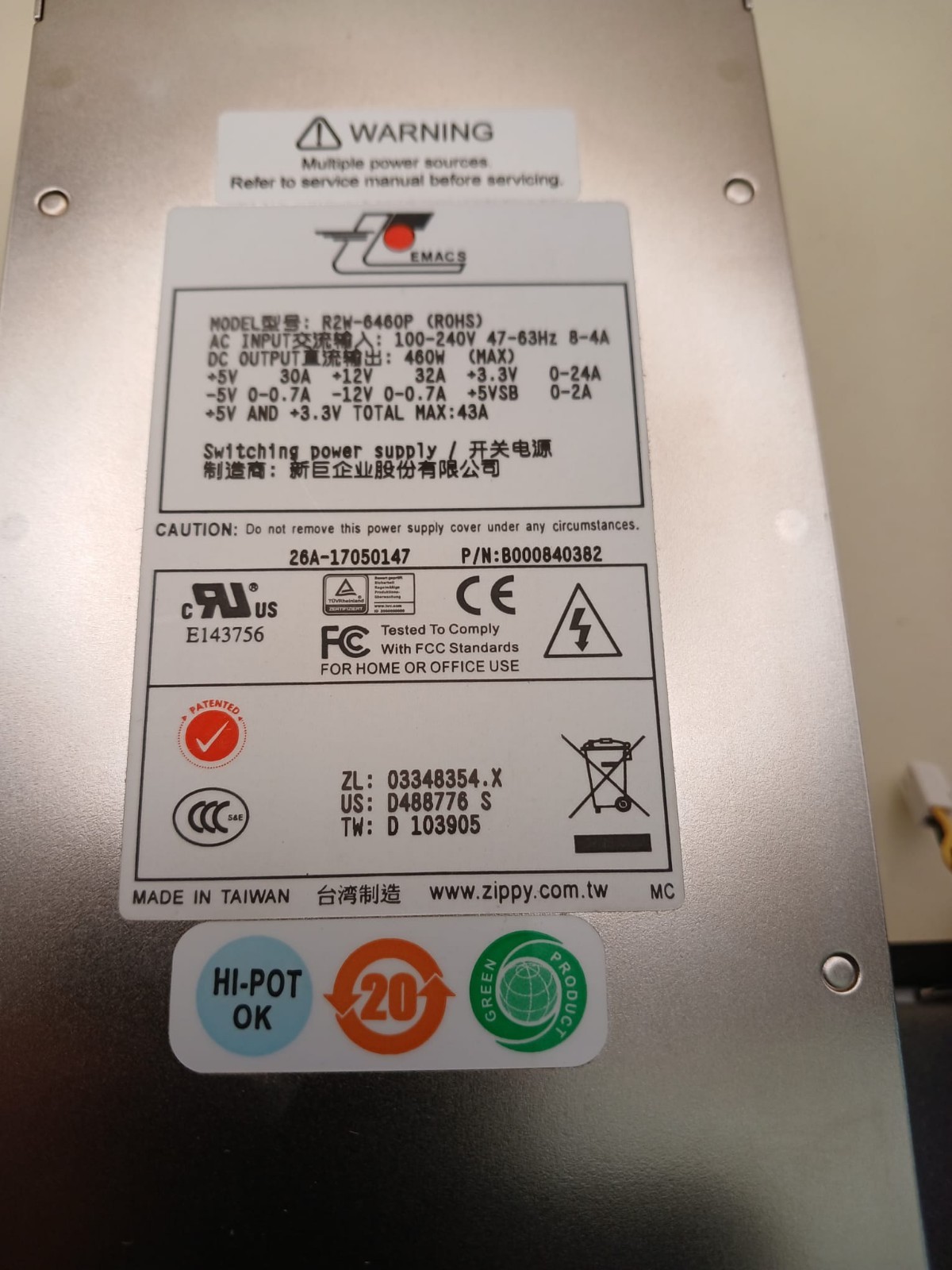 NEW IN BOX Emacs Zippy R2W-6460P 460W 2U Redundant PSU (Includes 2x R2W-6460P-R)