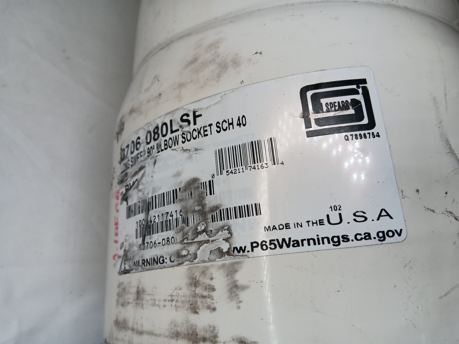 Spears 3706-080LSF 8 PVC Long Sweep 90 Elbow Soc Sch40