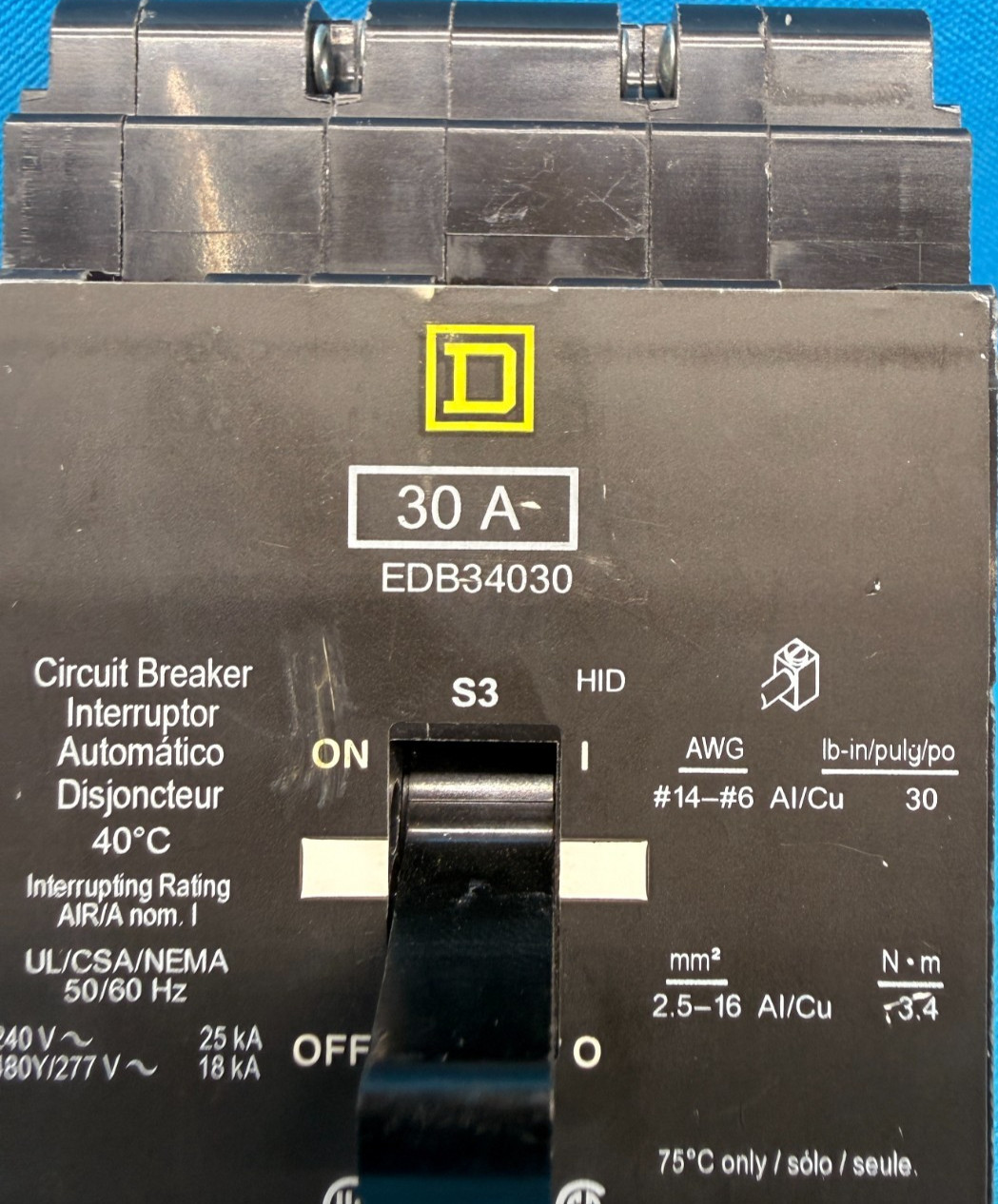 Square D EDB34030 Circuit Breaker 30A 3P 480Y/277V Bolt-On Schneider