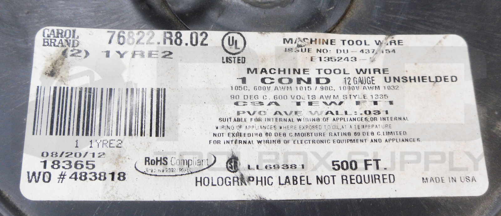 NEW CAROL 76822.R8.02 MACHINE TOOL WIRE APPROX 400′ WHITE