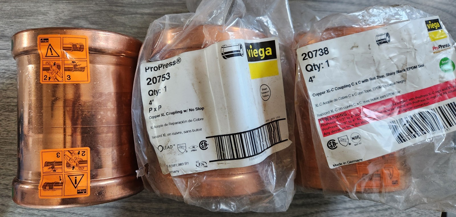 (3) Viega 4″ x 4″ ProPress XL Copper Couplings 20753 no stop, 20738 with stop